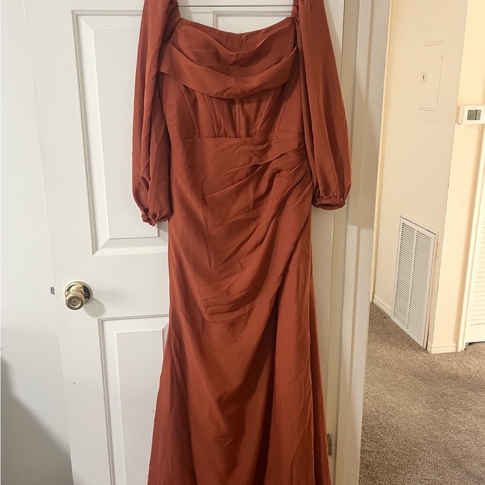 New Burnt Orange Long Sleeve Bridesmaid Dress
